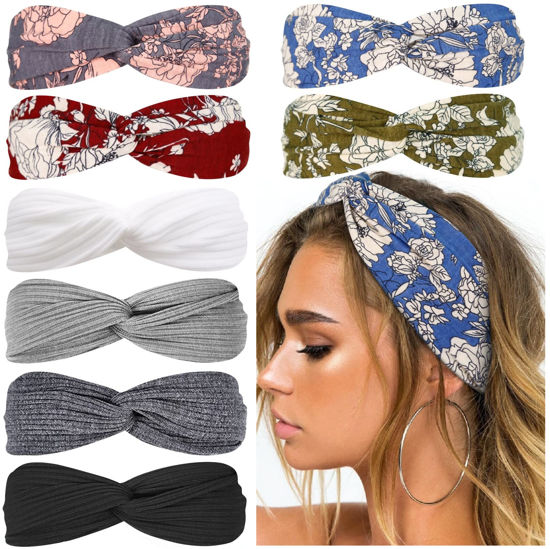 Picture of Huachi Boho Headbands for Women Twist Head Band Soft Elastic Hair Bands for Teen Girls Head Wrap Fashion Accessories, Floral Print Plus Solid Colors