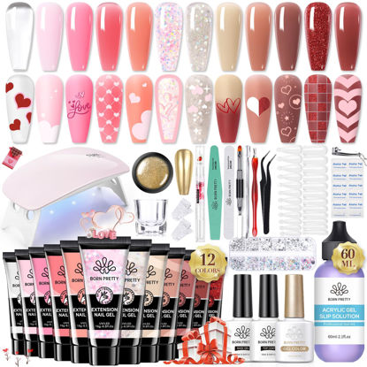 Picture of BORN PRETTY Poly Extension Gel Kit-12 Colors Extension Nail Gel Kit Nude Clear Jelly Pink All-In-1 Kit Builder Glue Gel with Nail Lamp Base Top Coat Set Nail Forms French Manicure Ideal Gifts