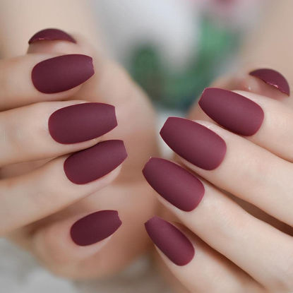 Picture of Coolnail Matte Coffin Press on Nail Art Tips Burgundy Red Medium False Ballerina Nails Flat Shape Manicure Fake Nail Tips for Women Girl