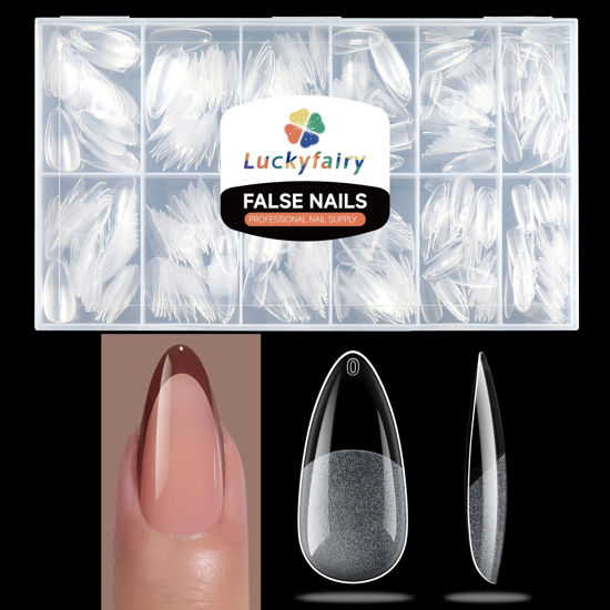Picture of Luckyfairy Medium Almond Nail Tips, 504pcs Soft Gel Pre-Filed Acrylic Almond Fake Nails, Half Matte Full Cover Clear Press on Flase Nail Tips for Nail Extension Home DIY 12 Sizes