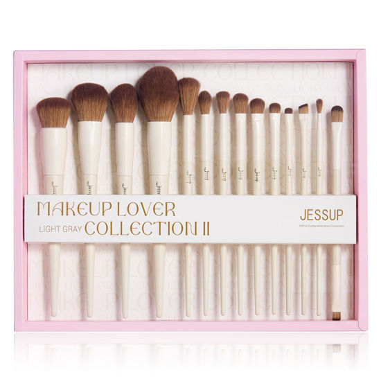 Picture of Jessup Makeup Brushes 14Pcs Makeup Brush Set Premium Synthetic Powder Foundation Contour Blush Concealer Eye Shadow Blending Liner Make Up Brush Kit Light Grey with Gift Box, T329-G