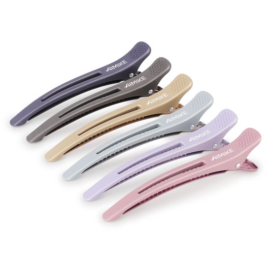 Picture of AIMIKE 6pcs Professional Hair Clips for Styling Sectioning, Anti-Slip No-Trace Duck Billed Hair Clips with Silicone Band, Salon and Home Hair Cutting Clips for Hairdresser, Women, Men - 4.3” Long