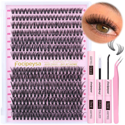 Picture of Focipeysa Eyelash Extension Kit D Curl Lash Clusters 280pcs DIY Lash Extension Kit 40D Individual Lashes with Lash Bond and Seal Lash Applicator DIY Lashes Kit for Individual Eyelashes Beginners