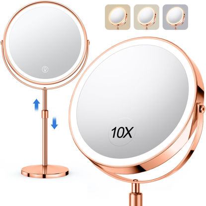 Picture of 10X Large Lighted Makeup Mirror, Rechargeable 8" Height Adjustable Vanity Mirror, 1x/10x Magnifying Mirror with 3 Color, Brightness Adjustable, 360° Rotation Double Sided Mirror, Ideal Gift(Rose Gold)