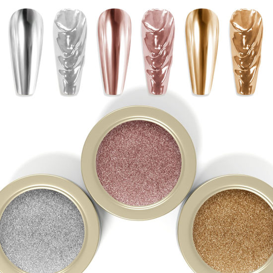 Picture of Laza 3 Colors Chrome Nail Powder Mirror Effect Metallic Dust Holographic Glitter Glazed Manicure Decoration Reflective Pigment for DIY Gel Polish Nail Art, Resin Craft, Gifts - Rose Moonlight