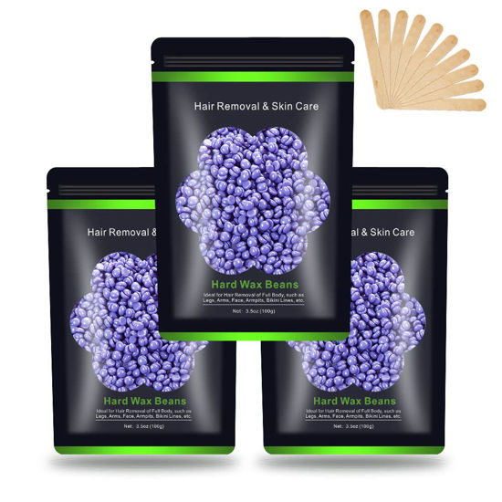 Picture of Wax Beads for Hair Removal 10.5 oz (300 g), Auperwel Hard Wax Beads for Sensitive Skin Brazilian, Face, Bikini, Eyebrow, Legs, Painless Waxing Beads for Women Men, 3 packs Wax Kit with 10 Wax Sticks