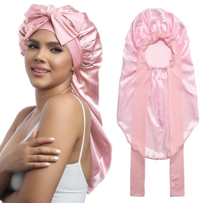 Picture of AWAYTR Long Satin Bonnet for Women - Double Layer Elastic Silk Bonnet for Braids Hair Sleeping Cap with Tie Band (Pink)
