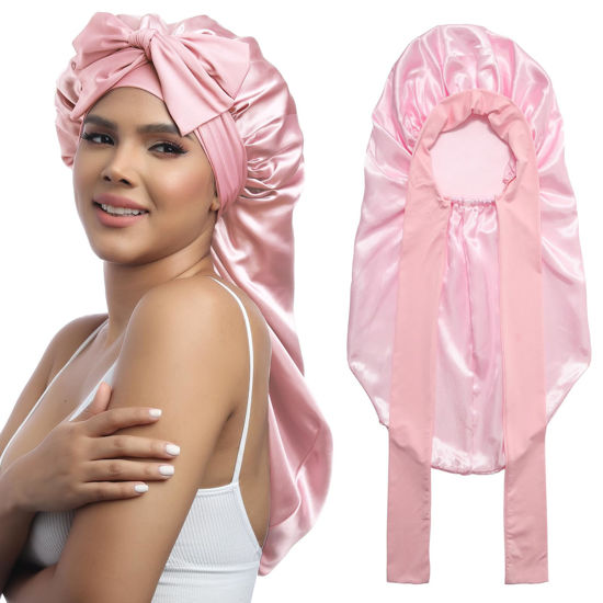 Picture of AWAYTR Long Satin Bonnet for Women - Double Layer Elastic Silk Bonnet for Braids Hair Sleeping Cap with Tie Band (Pink)