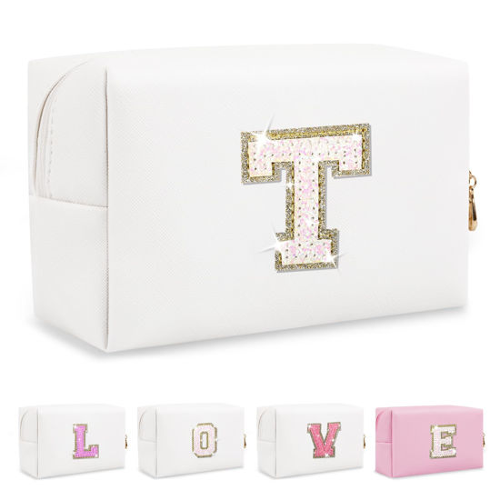 Picture of Small Initial Patch Makeup Bag Personalized Gifts Make Up Bag,White Cute PU Leather Glitter Letter Cosmetic Bag with Zipper,Trendy Portable Travel Toiletry Pouch,Preppy Stuff for Teen Girls Women T