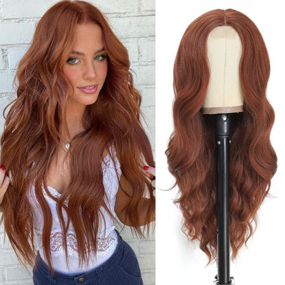 Picture of NAYOO Long Auburn Wavy Wig for Women 26 Inch Middle Part Curly Wavy Wig Natural Looking Synthetic Heat Resistant Fiber Wig for Daily Party Use (Auburn)