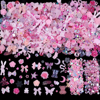 Picture of Sinyanail 300pcs Nail Art Charms Kit,Over 100pcs Mixshape Resin Nail Gems and 100 pcs Mixed Flatback Nail Rhinestones Pearls with Over 100pcs Nail Sequins for Nail Art Accessories (Pink)