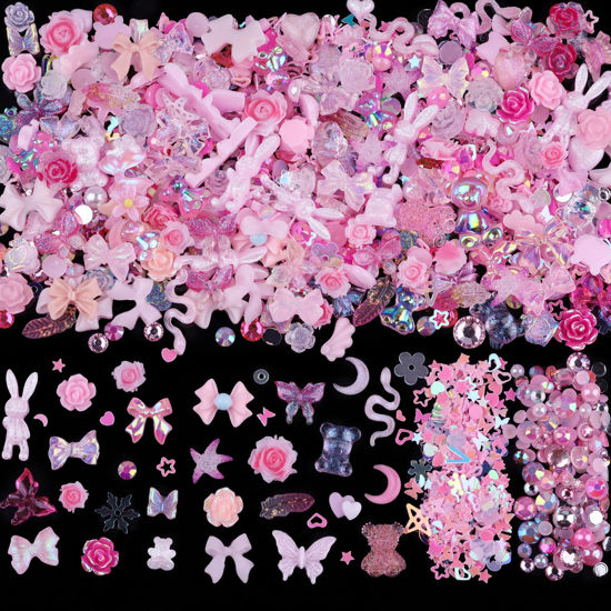 Picture of Sinyanail 300pcs Nail Art Charms Kit,Over 100pcs Mixshape Resin Nail Gems and 100 pcs Mixed Flatback Nail Rhinestones Pearls with Over 100pcs Nail Sequins for Nail Art Accessories (Pink)