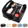 Picture of stona Travel Makeup Bag for Women, Large Capacity PU Leather Waterproof Checkered Cosmetic Bags, Portable Pouch Open Flat Toiletry Bag, Make up Organizer with Divider and Handle