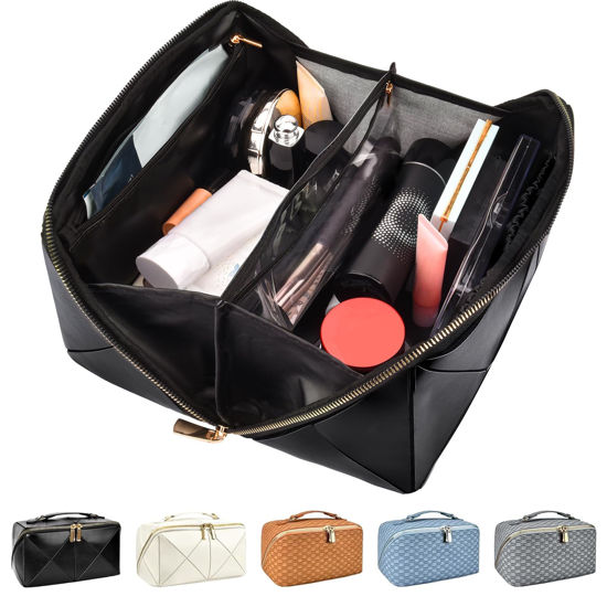 Picture of stona Travel Makeup Bag for Women, Large Capacity PU Leather Waterproof Checkered Cosmetic Bags, Portable Pouch Open Flat Toiletry Bag, Make up Organizer with Divider and Handle