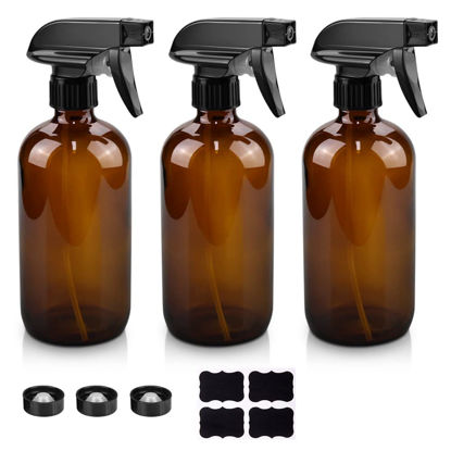 Picture of Worldgsb Glass Spray Bottles, 16oz Amber Glass Spray Bottles with Labels & Adjustable Nozzle, Reusable Containers for Cleaning, BBQ, Food, Plants, Alcohol, Essential Oils(3 Pack)