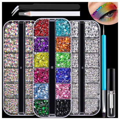 Picture of Colorful Face Gems with Makeup Glue, 2.4-6mm AB+Clear Glass Round Flatback Crystal + 2-5mm Resin Rhinestones for Eye Hair Makeup Body Art Manicure DIY Crafts with Dot-Brush Pen, Pickup Tools