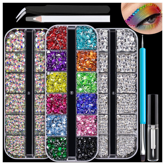 Picture of Colorful Face Gems with Makeup Glue, 2.4-6mm AB+Clear Glass Round Flatback Crystal + 2-5mm Resin Rhinestones for Eye Hair Makeup Body Art Manicure DIY Crafts with Dot-Brush Pen, Pickup Tools