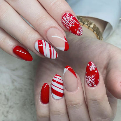 Picture of 24pcs Christmas Press on Nails Medium Almond Fake Nails Snowflake Winter Xmas Nails Press on Red White Stripes with Designs Acrylic Full Cover Glossy Glue on Nails Artificial Nails Christmas for Women