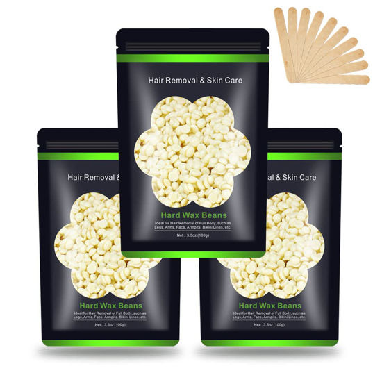 Picture of Wax Beads for Hair Removal 10.5 oz (300 g), Auperwel Hard Wax Beads for Sensitive Skin Brazilian, Face, Bikini, Eyebrow, Legs, Painless Waxing Beads for Women Men, 3 packs Wax Kit with 10 Wax Sticks