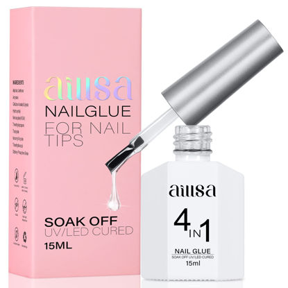 Picture of AILLSA Gel Nail Glue for Acrylic Nails, 4 in 1 Super Strong Nail Gel Glue for Fake Nail Tips,15ML High Capacity Long Lasting Brush On Nail Glue for Rhinestone Pearl Foil, (U V Lamp Curing Needed)