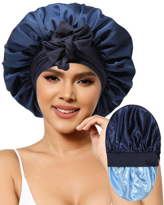 Picture of Satin Bonnet for Women Silk Bonnets for Sleeping Curly Hair Bonnet with Elastic Tie Band Reversible Double Layer Sleep Cap Hair Wrap (Navy Blue+Light Blue)