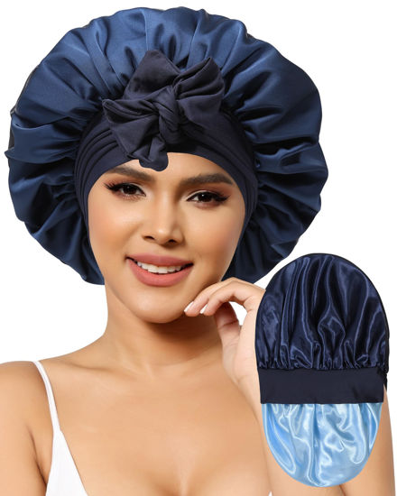 Picture of Satin Bonnet for Women Silk Bonnets for Sleeping Curly Hair Bonnet with Elastic Tie Band Reversible Double Layer Sleep Cap Hair Wrap (Navy Blue+Light Blue)