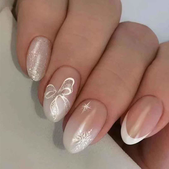 Picture of Enppode French Tip Nails Short Press on Nails Almond Fake Nails White Nails Glossy Nails for Women 24 PCS/Set