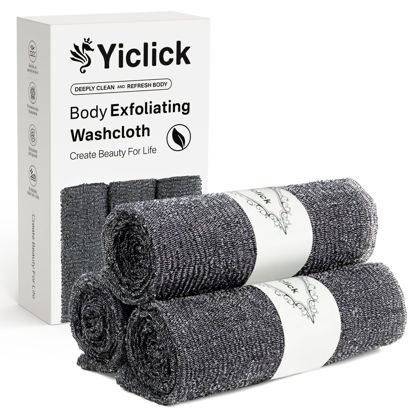 Picture of Yiclick Exfoliating Washcloth Towel [3 Pack], Japanese Exfoliating Bath Wash Cloth for Body Exfoliation, Korean Back Scrubber Washer for Shower, African Net Sponge Brush Loofah Exfoliator (Grey)
