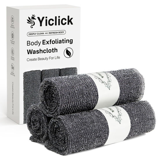 Picture of Yiclick Exfoliating Washcloth Towel [3 Pack], Japanese Exfoliating Bath Wash Cloth for Body Exfoliation, Korean Back Scrubber Washer for Shower, African Net Sponge Brush Loofah Exfoliator (Grey)