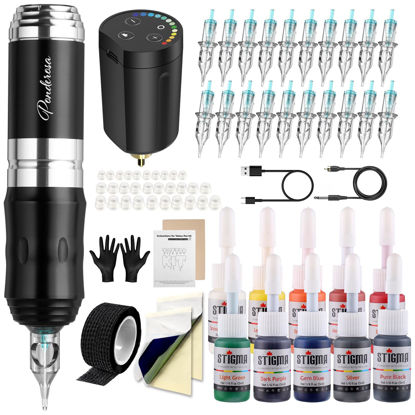 Picture of STIGMA Cordless Tattoo Gun Tattoo Kit Complete with Pro Tattoo Machine Pen, 1400 mAh Tattoo Battery, 20 Tattoo Cartridge Needles,Tattoo Ink Color Set, Full Tattoo Accessories STP35KITP802-5