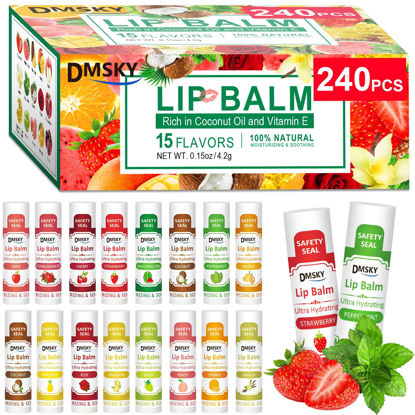 Picture of DMSKY Lip Balm 240 Pack, Lip Balm Bulk with Vitamin E and Coconut Oil, Moisturizing Lip Balm for Dry Cracked Lips-15 Flavors