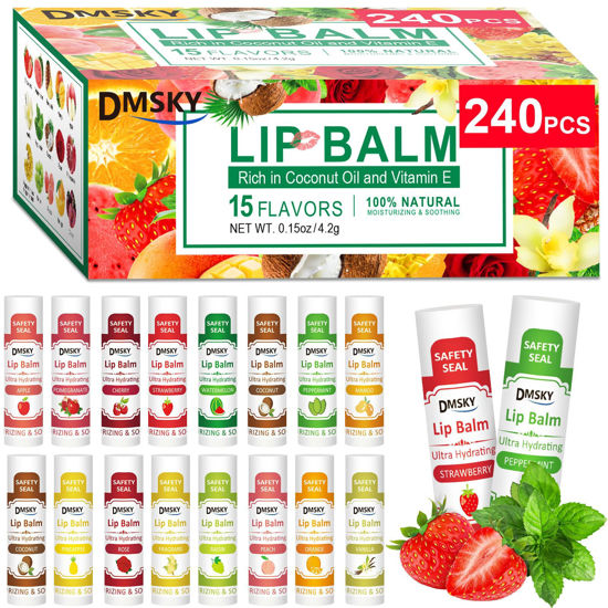 Picture of DMSKY Lip Balm 240 Pack, Lip Balm Bulk with Vitamin E and Coconut Oil, Moisturizing Lip Balm for Dry Cracked Lips-15 Flavors
