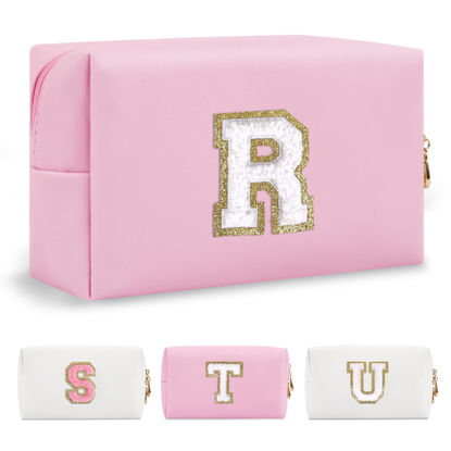 Picture of Personalized Initial A-Z Preppy Patch Makeup Bag,Small PU Chenille Letter Cosmetic Bag with Zipper for Teen Girls,Pink Cute Toiletry Organizer Bag,Monogram Makeup Case Gift for Women Girls,Letter R