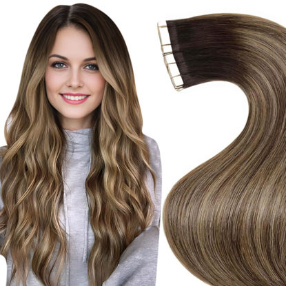 Picture of LaaVoo Hair Extensions Tape in Real Human Hair Tape in Extensions 12 Inch Tape in Hair Extensions Balayage Dark Brown Mix Caramel Blonde Human Hair Extensions Tape in Seamless 20pcs 30g