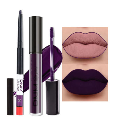 Picture of evpct 2Pcs Dark Deep Purple Plum Black Matte lipstick and Lip Liner Pencil Makeup Set for women DNM Matte Smudge Proof Lipstick Lip Stain Long Lasting Waterproof labiales mate 24 horas originales 20#
