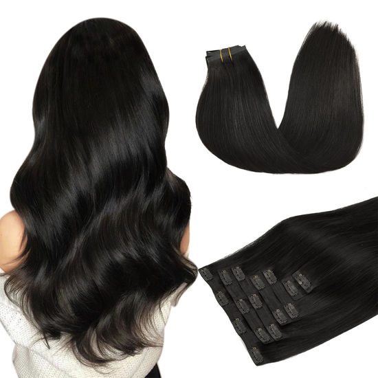 Picture of DOORES Hair Extensions Seamless Clip in Human Hair, Natural Black 18 Inch 110g 7pcs, Clip in Hair Extensions Seamless Hair Extensions Remy Hair Extensions Straight Hair Invisi Edge Hair Extensions