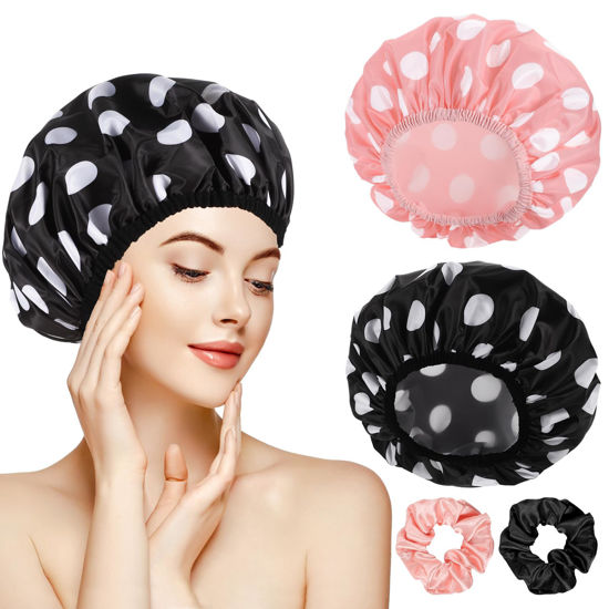 Picture of 2 Sets Large Shower Caps for Women, Waterproof Shower Cap Double Layers Bath Caps Stocking Stuffers for Women Long Thick Hair