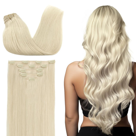 Picture of DOORES Clip in Human Hair Extensions, 70g 5pcs 20 Inch Platinum Blonde, Hair Extensions Real Human Hair Clip in Extensions Long Straight Hair for Women