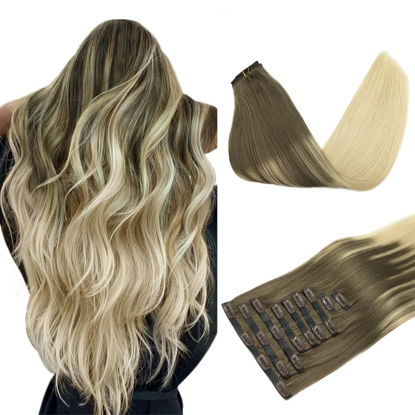 Picture of DOORES Human Hair Extensions Clip ins, Ash Brown to Platinum Blonde 14 Inch 130g 9pcs, Seamless Clip in Hair Extensions Natural Hair Straight Invisi Edge Hair Extensions Thick Hair Extensions