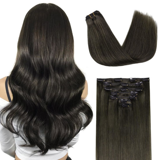 Picture of DOORES Hair Extensions Clip in Human Hair, Mocha Brown 20 Inch 7pcs 120g, Remy Human Hair Clip in Extensions Natural Hair Extensions For Women Straight Thick Hair