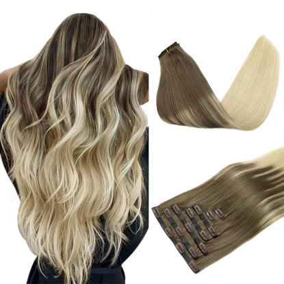 Picture of DOORES Hair Extensions Real Human Hair, Ash Brown to Platinum Blonde 14 Inch 110g 7pcs, Human Hair Extensions Seamless Clip in Hair Extensions Straight Hair Invisi Edge Hair Extensions