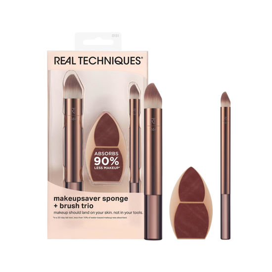 Picture of Real Techniques Makeupsaver Sponge + Brush Trio, Makeup Blending Sponge & Brushes For Liquid & Cream Formulations, Mimics Finger Application & Reduces Makeup Waste, Cruelty & Latex-Free 3 Piece Set
