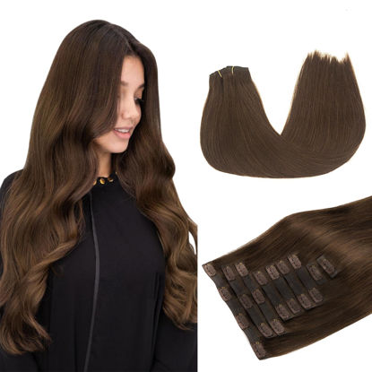 Picture of DOORES Clip in Hair Extensions, Chocolate Brown 130g 9pcs 14 Inch Virgin Human Hair Clip in Extensions, Invisible Edge Clip in Hair Extensions, Real Hair Extensions Clip in Human Hair