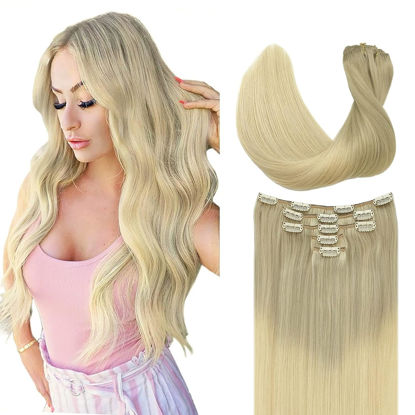 Picture of DOORES Clip in Hair Extensions, 85g 5pcs Balayage Ash Blonde to Golden Blonde and Platinum Blonde 22 Inch Human Hair Extensions Clip in Natural Hair Extensions