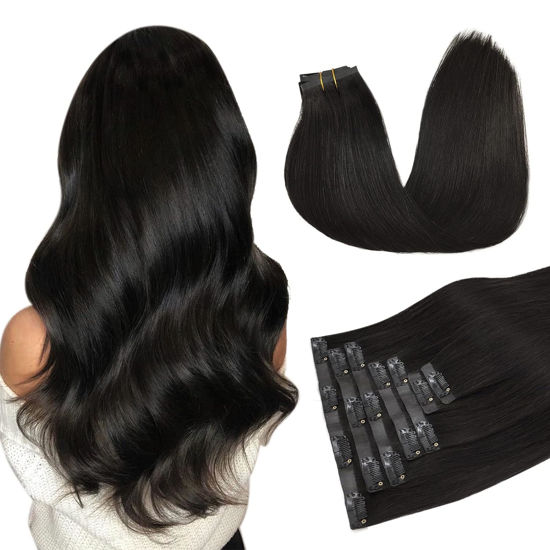 Picture of DOORES Hair Extensions Seamless Clip in Human Hair, Natural Black 7pcs 24 Inch 120g, Extensions Seamless Clip in Hair Extensions Invisible Weft Hair Extensions Straight Invisi Edge Hair Extensions