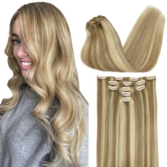 Picture of DOORES Clip in Human Hair Extensions, 5 pcs 80g Light Blonde Highlighted Golden Blonde Balayage 20 Inch Hair Extensions Clip in Real Straight Natural Hair