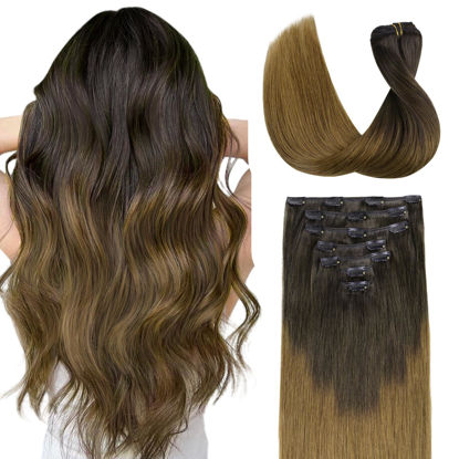 Picture of DOORES Hair Extensions Clip in Human Hair, Chocolate Dip Color Melt 14 Inch 7pcs 120g, Clip in Human Hair Extensions Real Hair Extensions Natural Straight