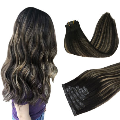 Picture of DOORES Hair Extensions Clip ins, Balayage Natural Black to Light Blonde 7pcs 14 Inch 110g, Seamless Clip in Hair Extensions Remy Hair Thick Hair Straight Hair Extensions Invisi Edge Hair Extensions