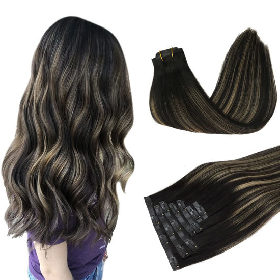 Picture of DOORES Hair Extensions Clip ins, Balayage Natural Black to Light Blonde 7pcs 14 Inch 110g, Seamless Clip in Hair Extensions Remy Hair Thick Hair Straight Hair Extensions Invisi Edge Hair Extensions