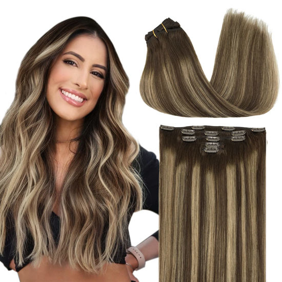 Picture of DOORES Clip in Hair Extensions Human Hair, 5pcs 75g Balayage Chocolate Brown to Honey Blonde 14 Inch Real Human Hair Extensions Clip in Remy Hair Extensions Silky Straight